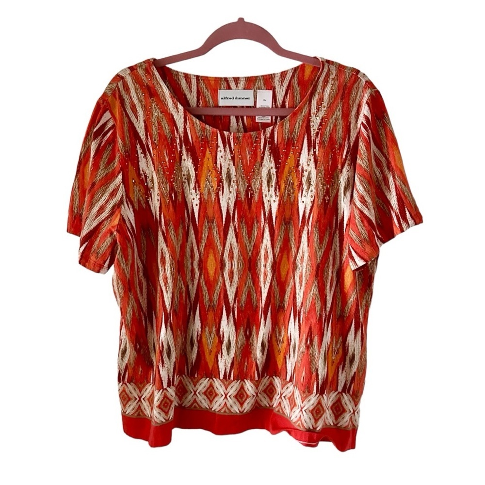 Alfred Dunner Women’s Top Shirt Orange & Cream Short Sleeve Size XL